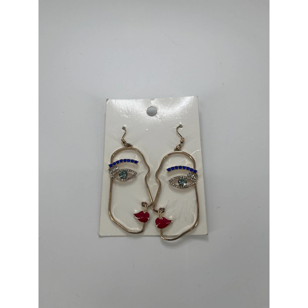 H&M Face Shaped Earrings Gold Colored Jeweled Dangle 3"